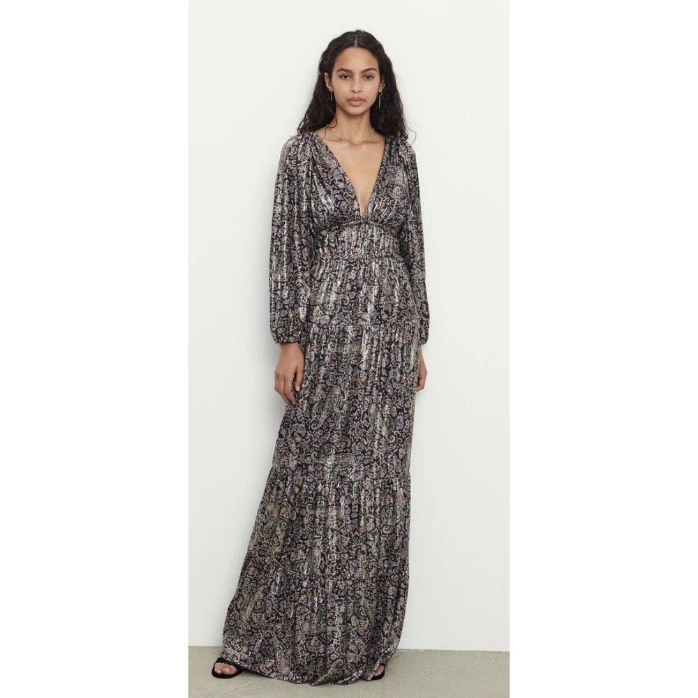 ba&sh GLADY Metallic Paisley Maxi Dress Size 6 Boho Evening Holiday Travel